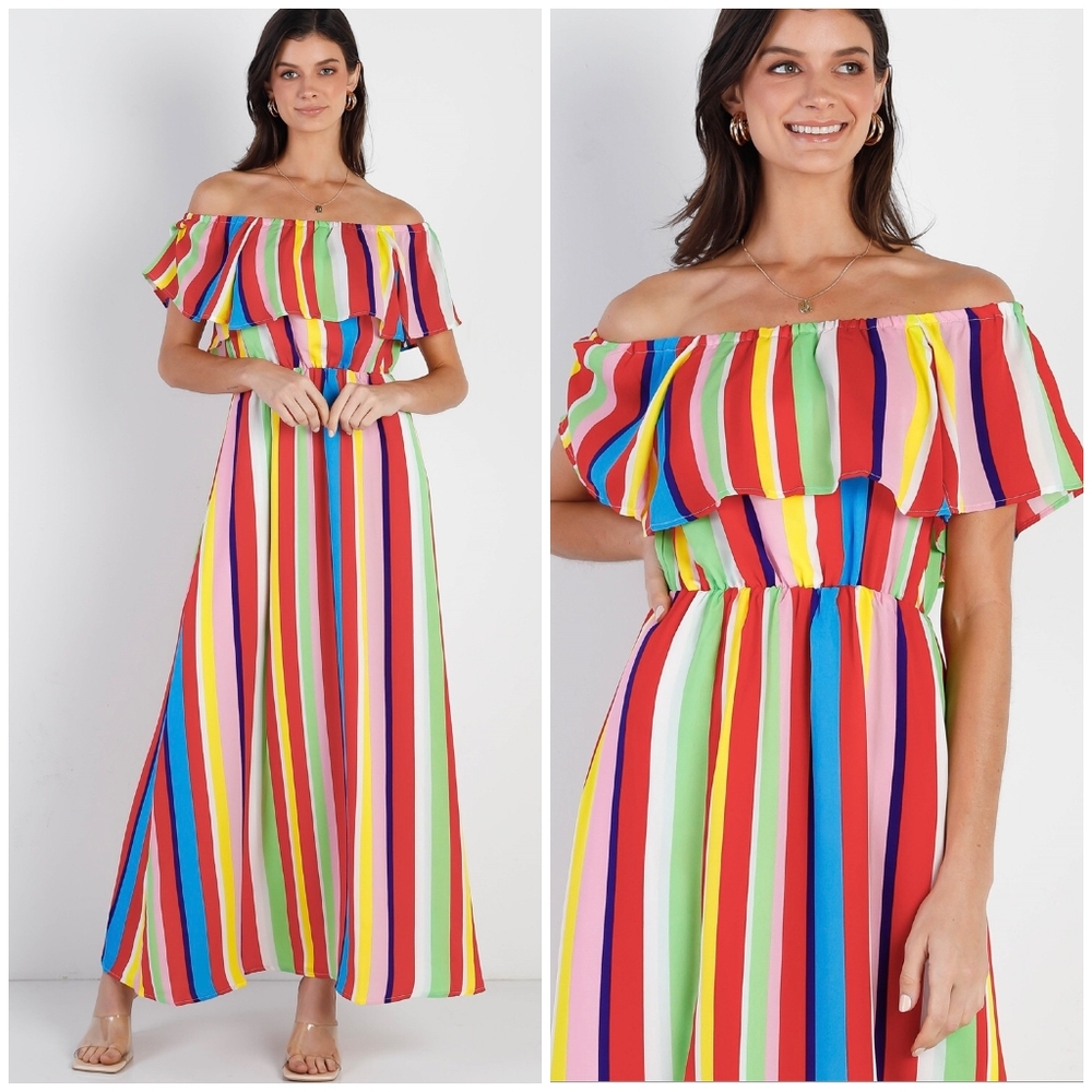 SUGAR+LIPS Adorable Striped Off Shoulder Maxi Dress